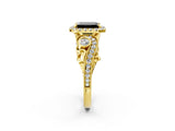 Yellow gold Fancy Black Emerald Cut Halo Diamond Ring with Milgrain and Bezel Accents on a Split Shank Band_15
