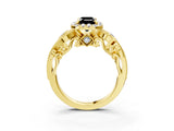 Yellow gold Fancy Black Emerald Cut Halo Diamond Ring with Milgrain and Bezel Accents on a Split Shank Band_16