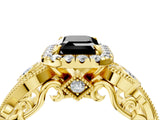 Yellow gold Fancy Black Emerald Cut Halo Diamond Ring with Milgrain and Bezel Accents on a Split Shank Band_17