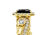 Yellow gold Fancy Black Emerald Cut Halo Diamond Ring with Milgrain and Bezel Accents on a Split Shank Band_18