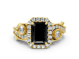Yellow gold Fancy Black Emerald Cut Halo Diamond Ring with Milgrain and Bezel Accents on a Split Shank Band_24