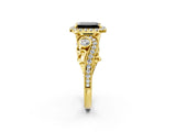 Yellow gold Fancy Black Emerald Cut Halo Diamond Ring with Milgrain and Bezel Accents on a Split Shank Band_26