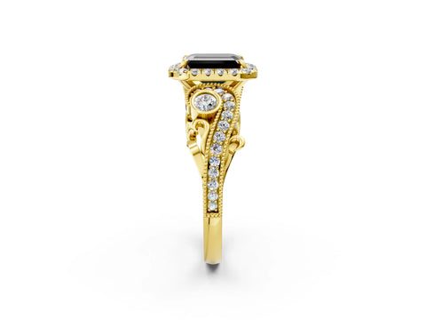 Yellow gold Fancy Black Emerald Cut Halo Diamond Ring with Milgrain and Bezel Accents on a Split Shank Band_2