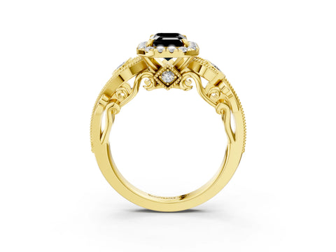 Yellow gold Fancy Black Emerald Cut Halo Diamond Ring with Milgrain and Bezel Accents on a Split Shank Band_3