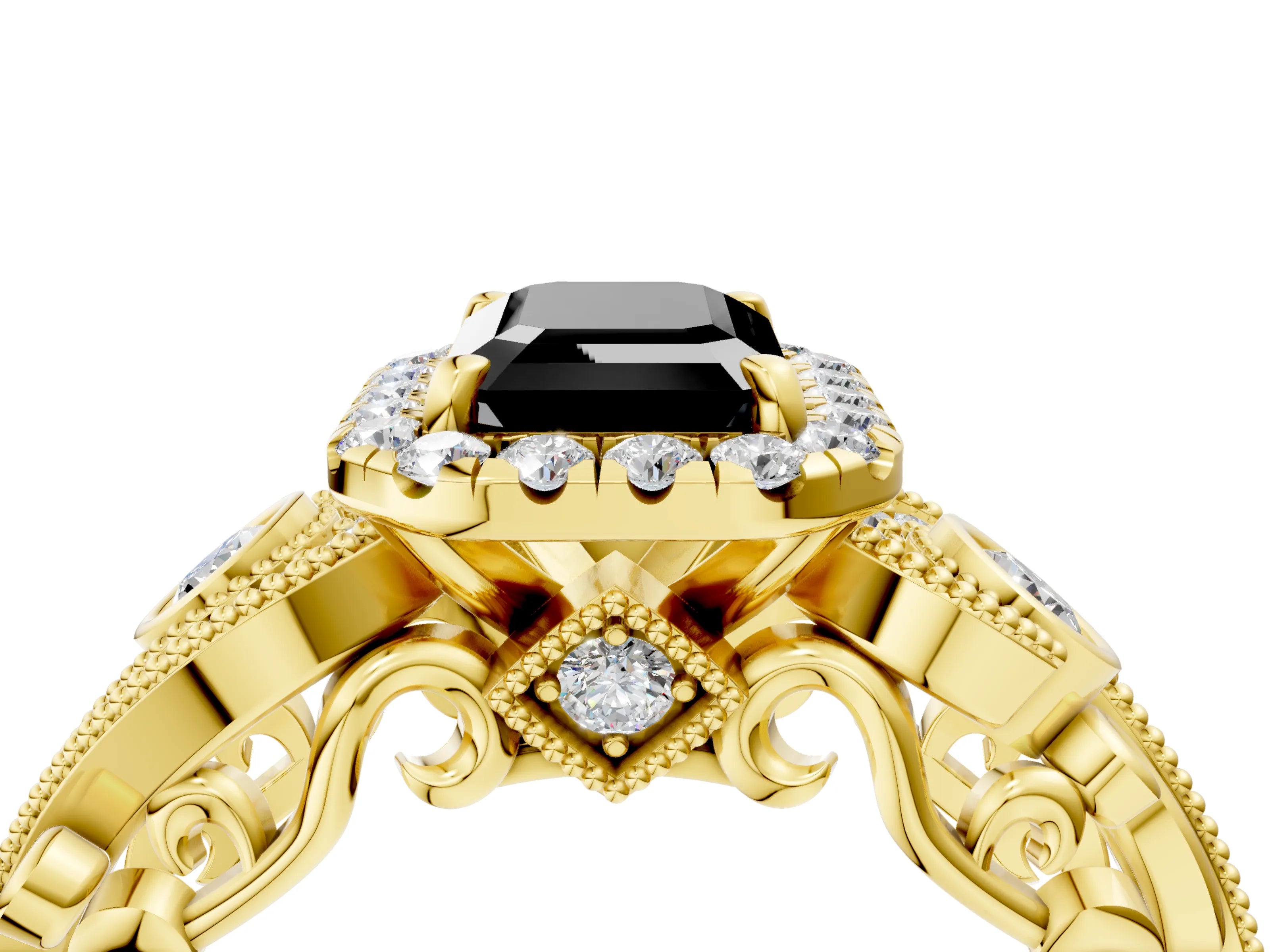 Yellow gold Fancy Black Emerald Cut Halo Diamond Ring with Milgrain and Bezel Accents on a Split Shank Band_4