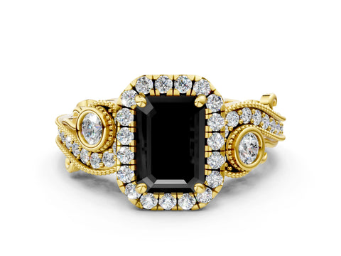 Yellow gold Fancy Black Emerald Cut Halo Diamond Ring with Milgrain and Bezel Accents on a Split Shank Band