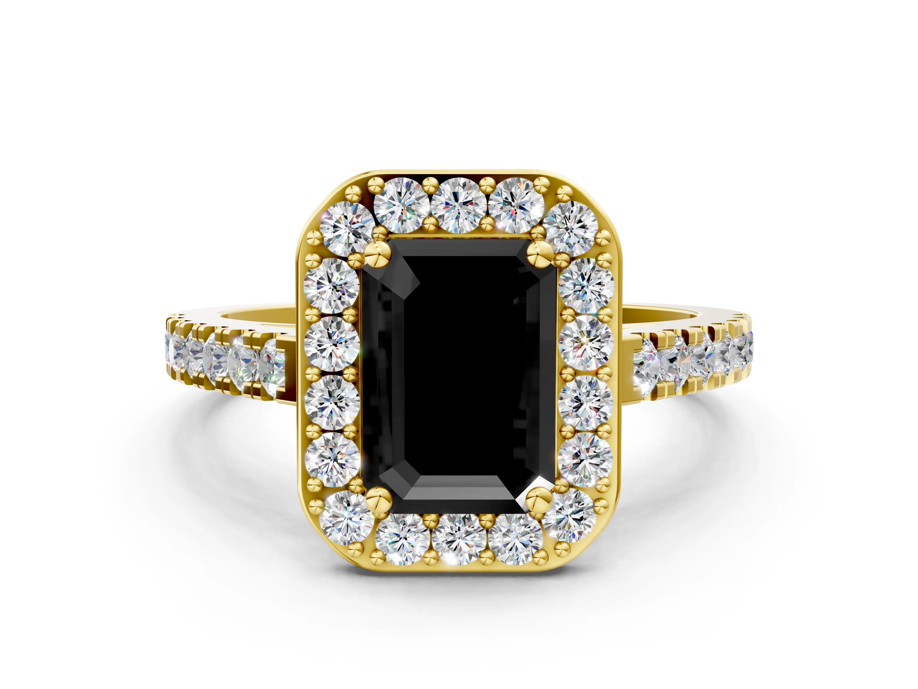 Yellow gold Fancy Black Emerald Cut Halo Diamond Ring with Pavé Band and Three-Prong Setting