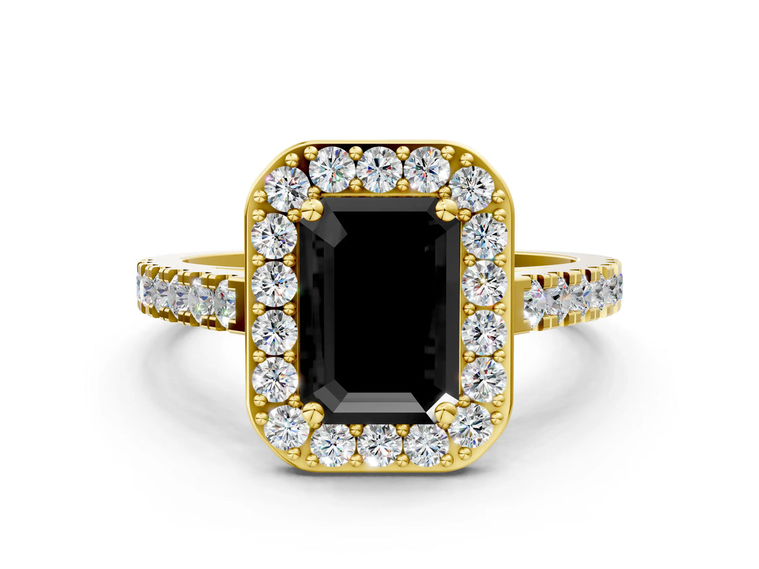 Yellow gold Fancy Black Emerald Cut Halo Diamond Ring with Pavé Band and Three-Prong Setting