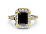 Yellow gold Fancy Black Emerald Cut Halo Diamond Ring with Pavé Band and Three-Prong Setting