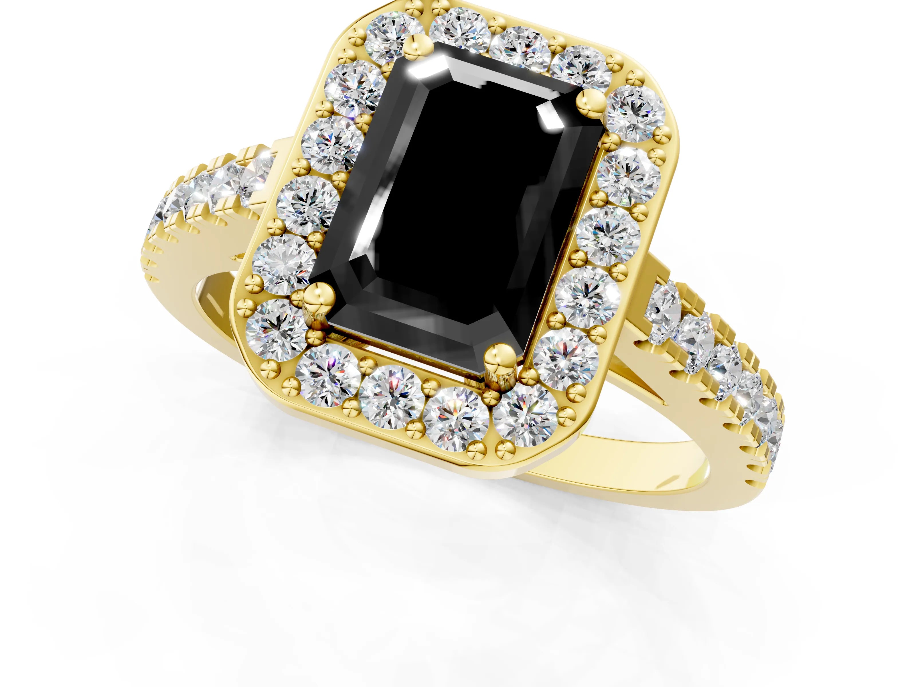 Yellow gold Fancy Black Emerald Cut Halo Diamond Ring with Pavé Band and Three-Prong Setting_1