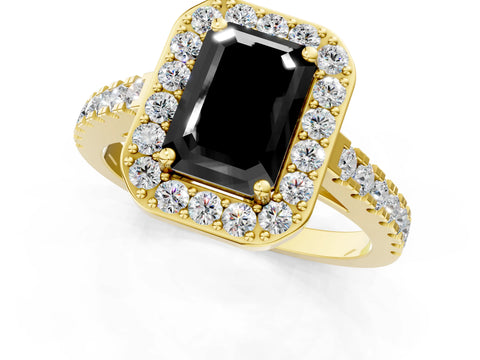 Yellow gold Fancy Black Emerald Cut Halo Diamond Ring with Pavé Band and Three-Prong Setting_1
