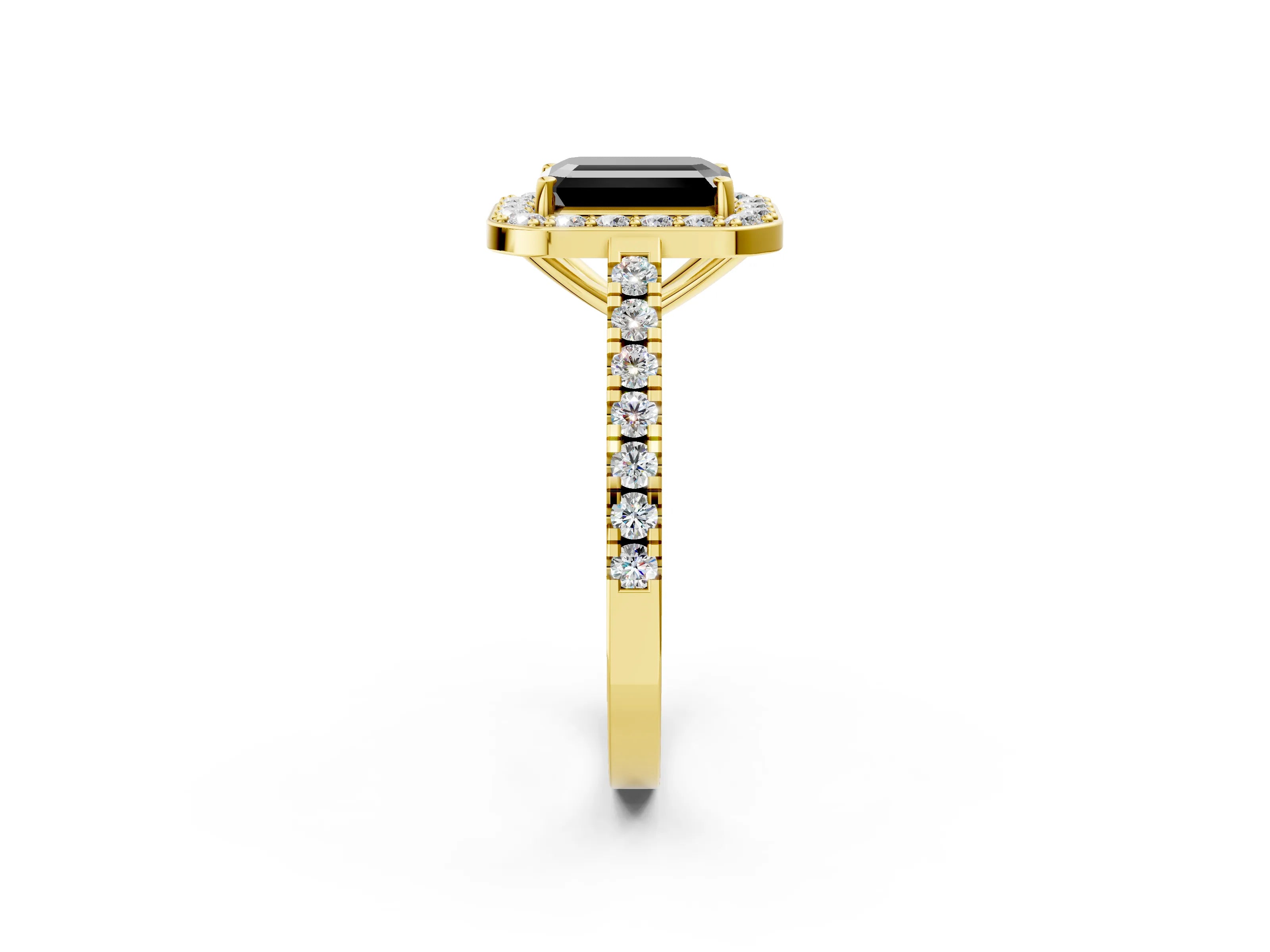 Yellow gold Fancy Black Emerald Cut Halo Diamond Ring with Pavé Band and Three-Prong Setting_2