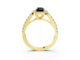 Yellow gold Fancy Black Emerald Cut Halo Diamond Ring with Pavé Band and Three-Prong Setting_3