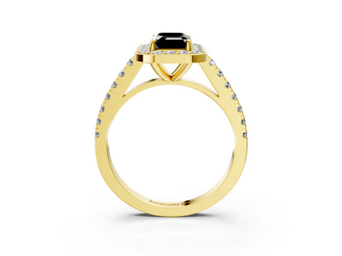 Yellow gold Fancy Black Emerald Cut Halo Diamond Ring with Pavé Band and Three-Prong Setting_3