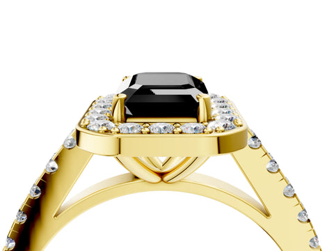 Yellow gold Fancy Black Emerald Cut Halo Diamond Ring with Pavé Band and Three-Prong Setting_4