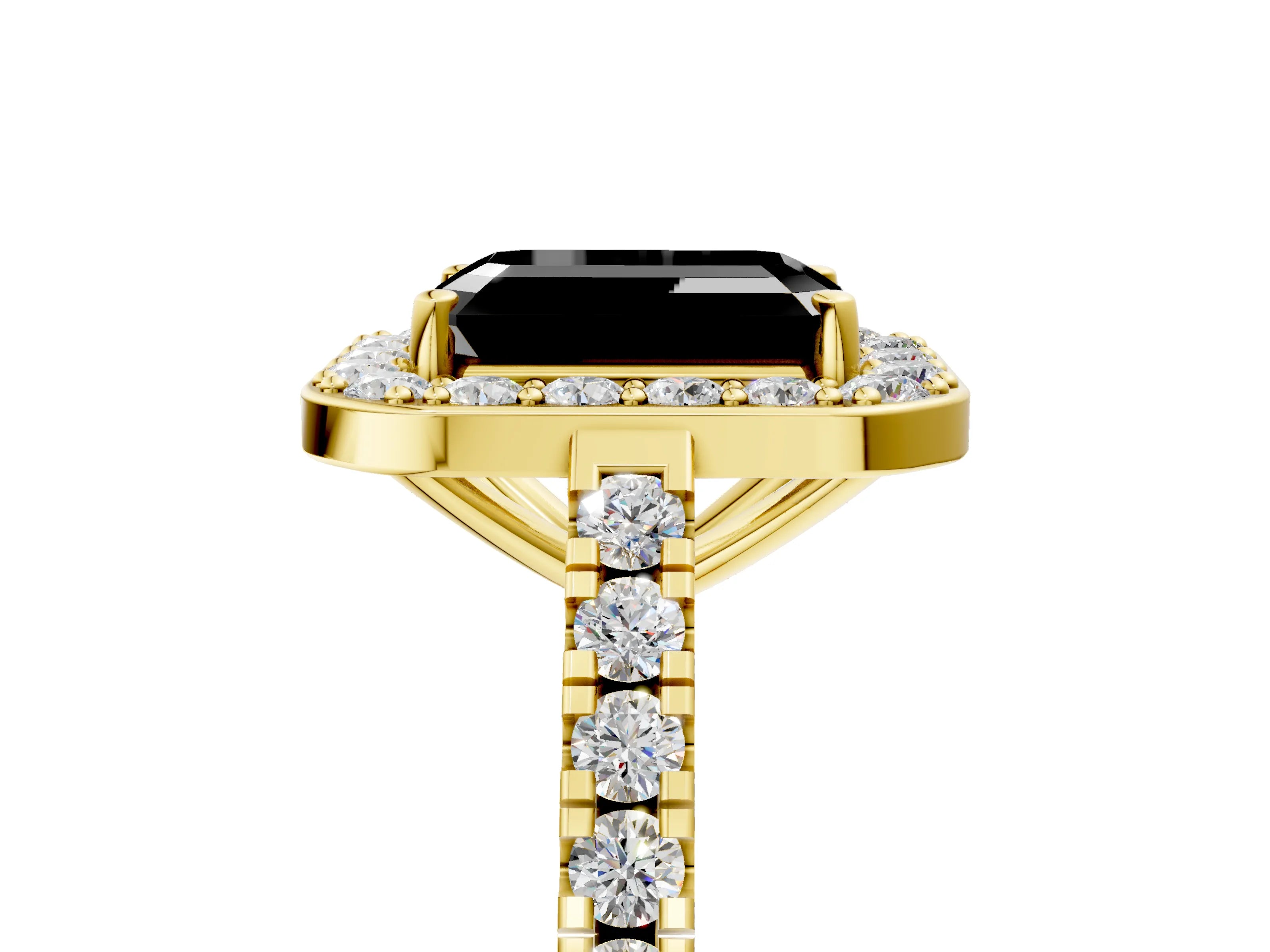 Yellow gold Fancy Black Emerald Cut Halo Diamond Ring with Pavé Band and Three-Prong Setting_5