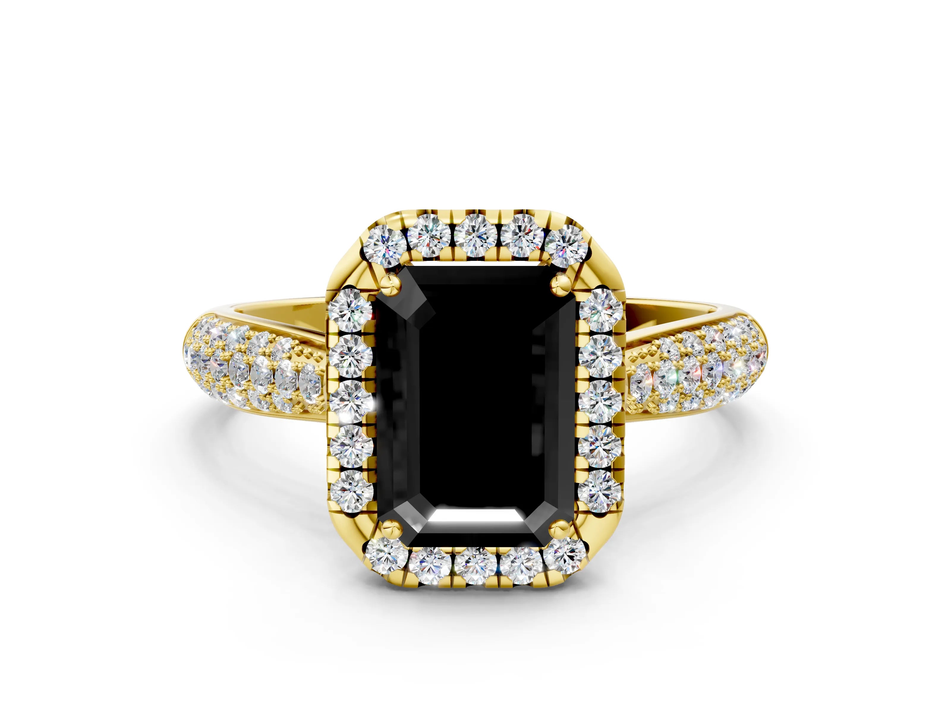 Yellow gold Fancy Black Emerald Cut Halo Diamond Ring with Pavé Band
