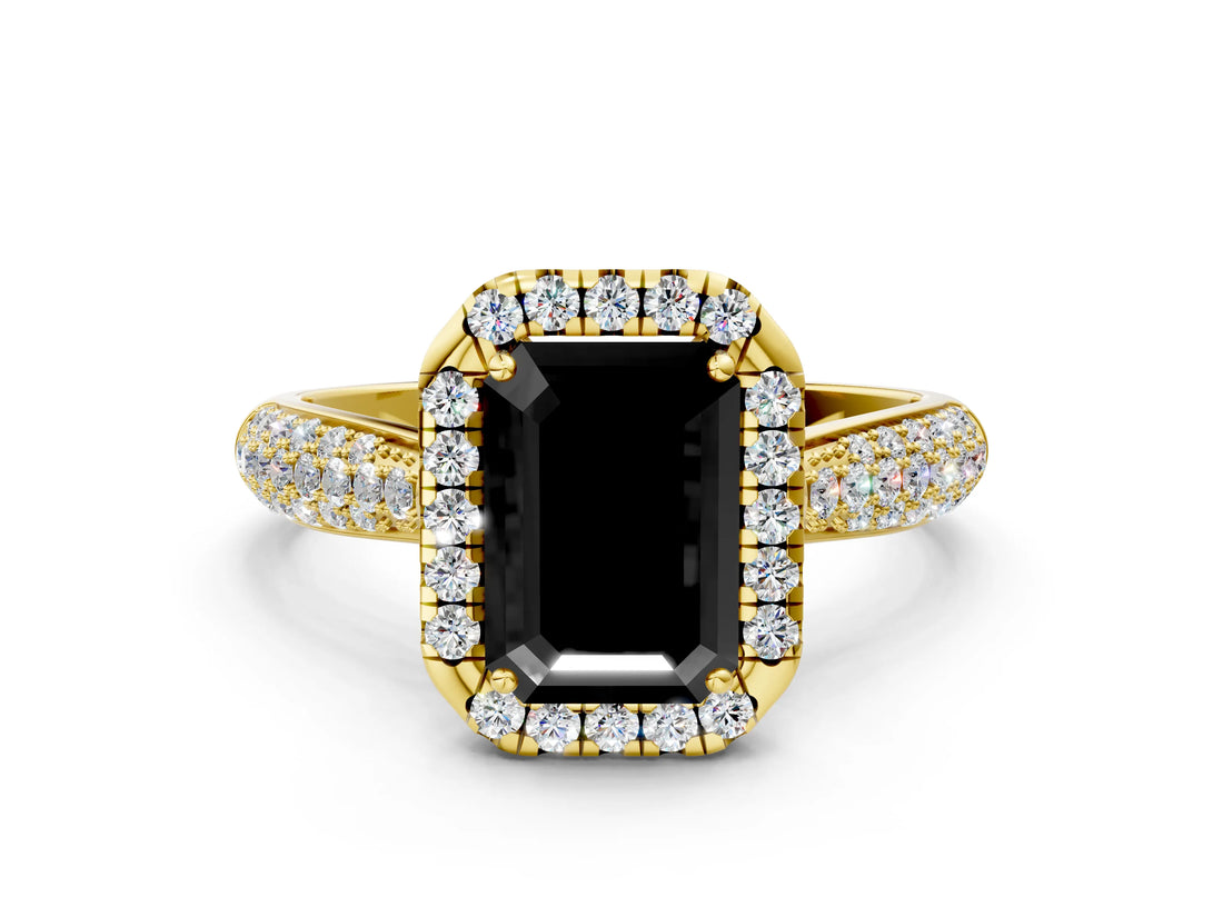 Yellow gold Fancy Black Emerald Cut Halo Diamond Ring with Pavé Band