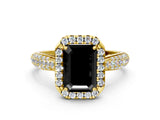 Yellow gold Fancy Black Emerald Cut Halo Diamond Ring with Pavé Band