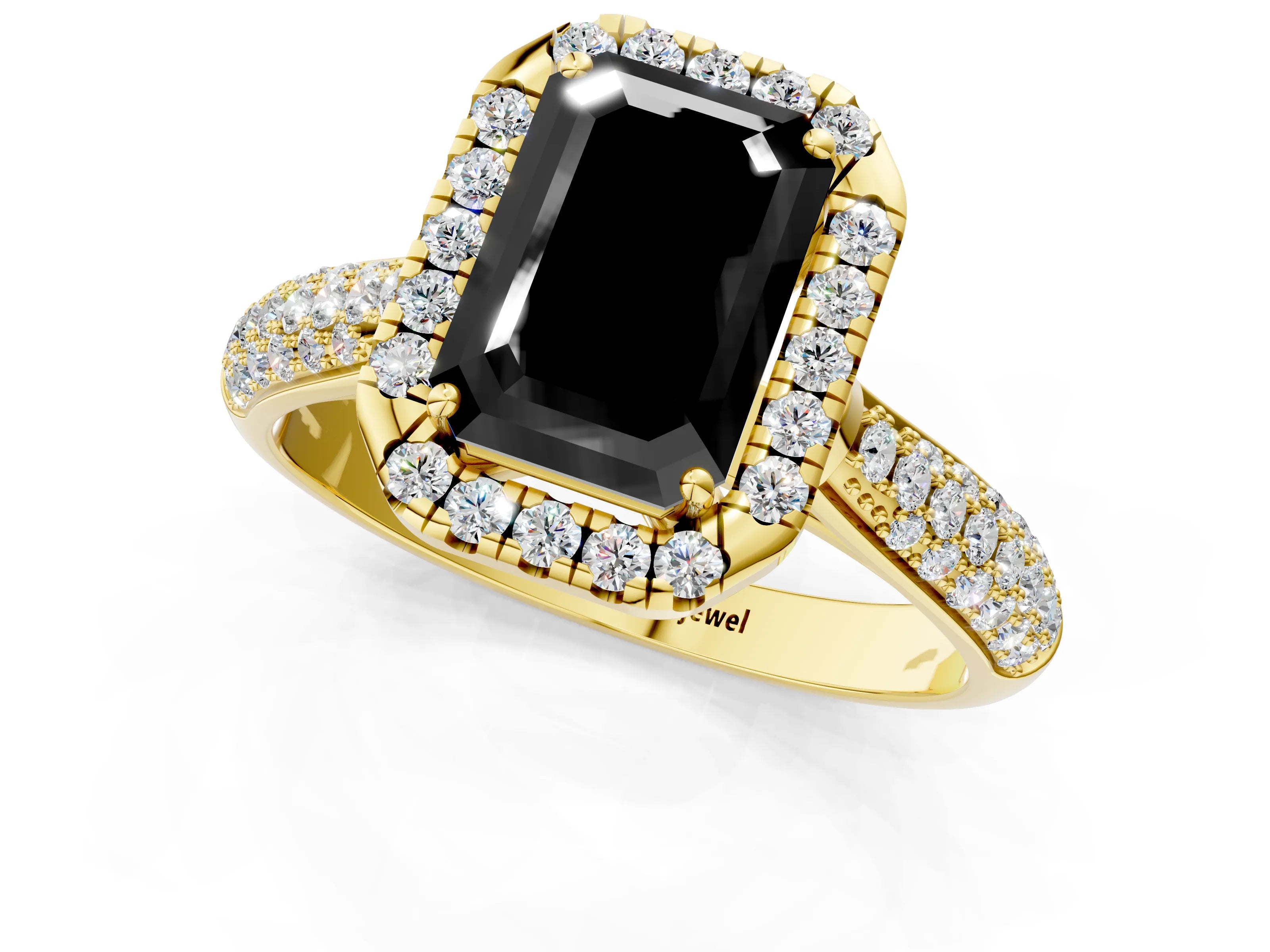 Yellow gold Fancy Black Emerald Cut Halo Diamond Ring with Pavé Band_1