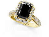 Yellow gold Fancy Black Emerald Cut Halo Diamond Ring with Pavé Band_1