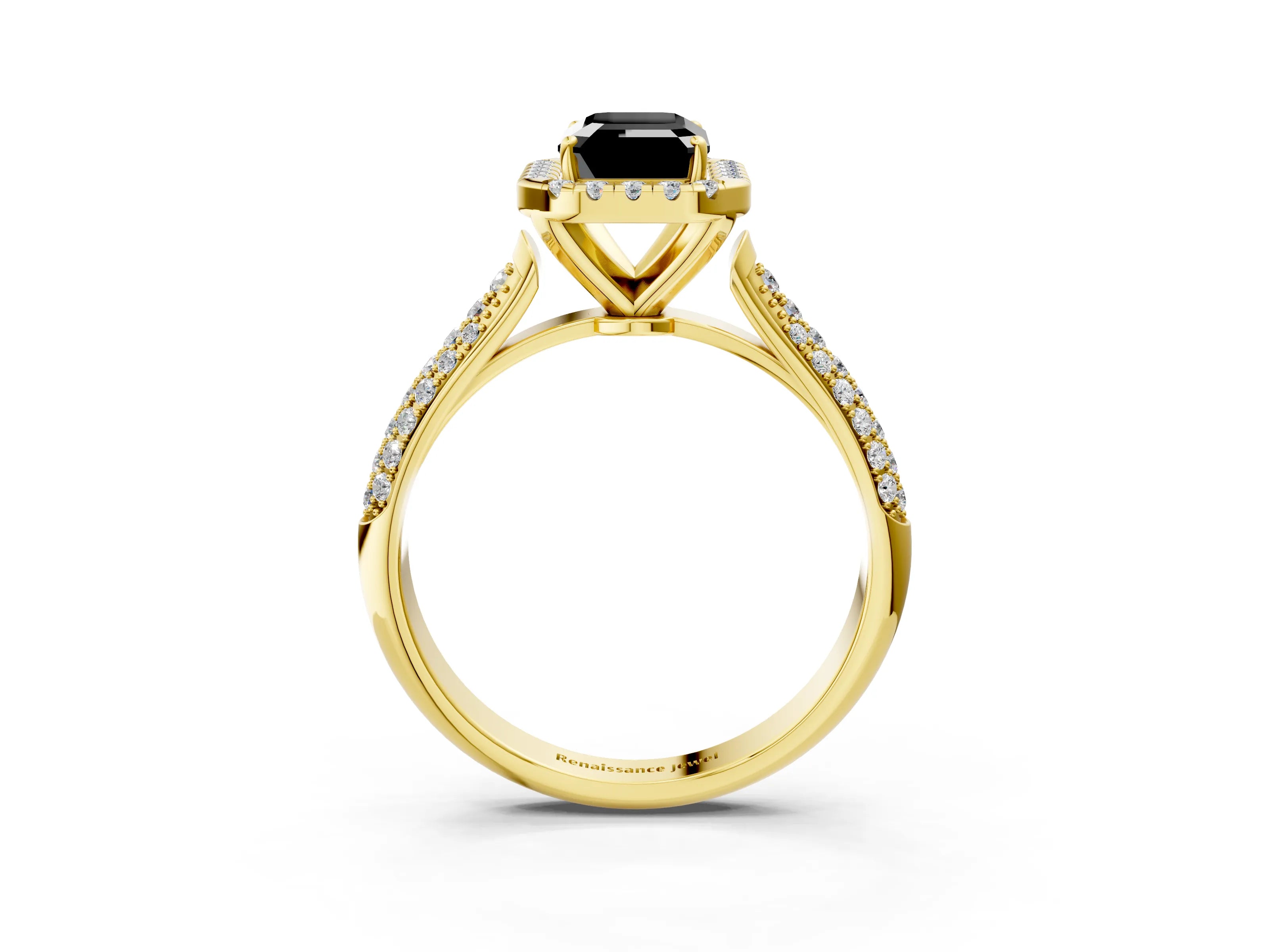 Yellow gold Fancy Black Emerald Cut Halo Diamond Ring with Pavé Band_3