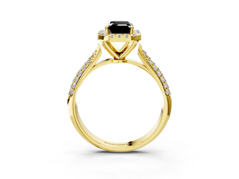 Yellow gold Fancy Black Emerald Cut Halo Diamond Ring with Pavé Band_3