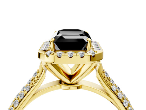 Yellow gold Fancy Black Emerald Cut Halo Diamond Ring with Pavé Band_4
