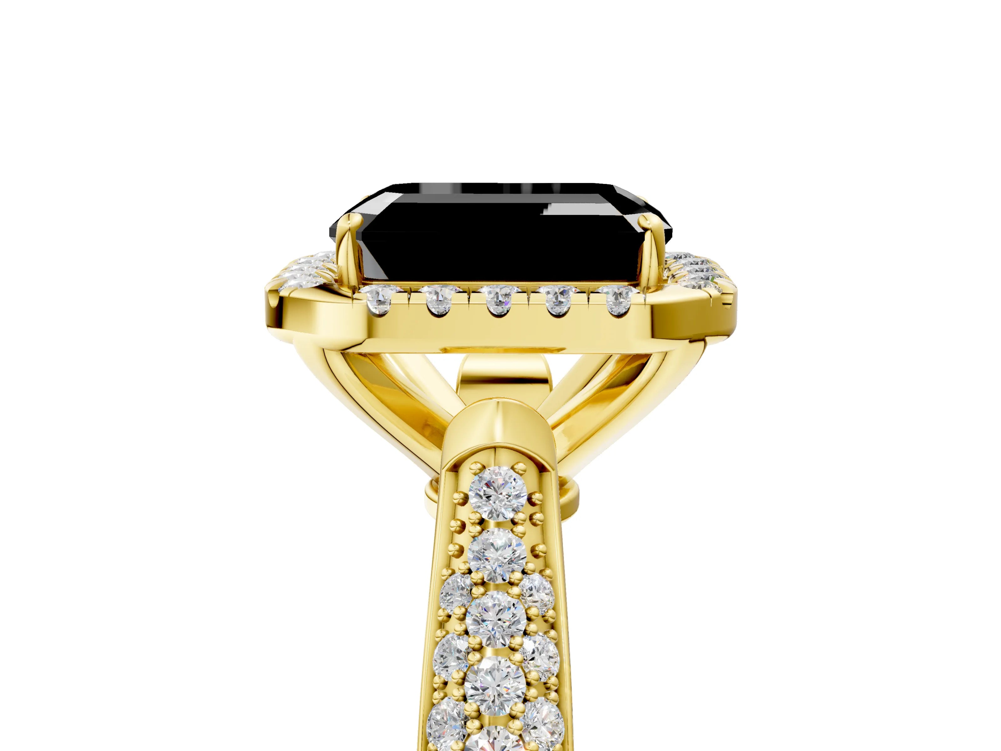 Yellow gold Fancy Black Emerald Cut Halo Diamond Ring with Pavé Band_5