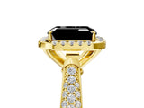 Yellow gold Fancy Black Emerald Cut Halo Diamond Ring with Pavé Band_5