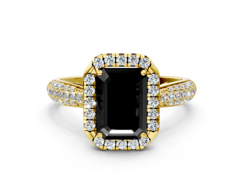 Yellow gold Fancy Black Emerald Cut Halo Diamond Ring with Pavé Band