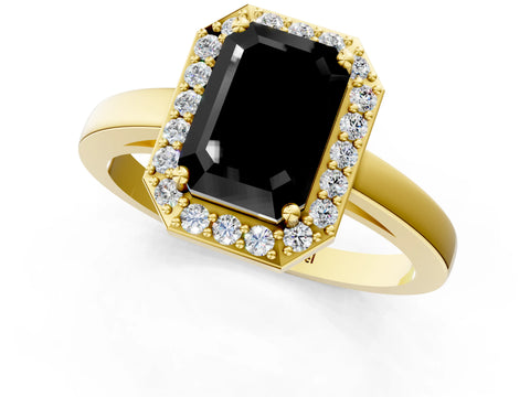 Yellow gold Fancy Black Emerald Cut Halo Diamond Ring with Solitaire Band and Prong Setting_1