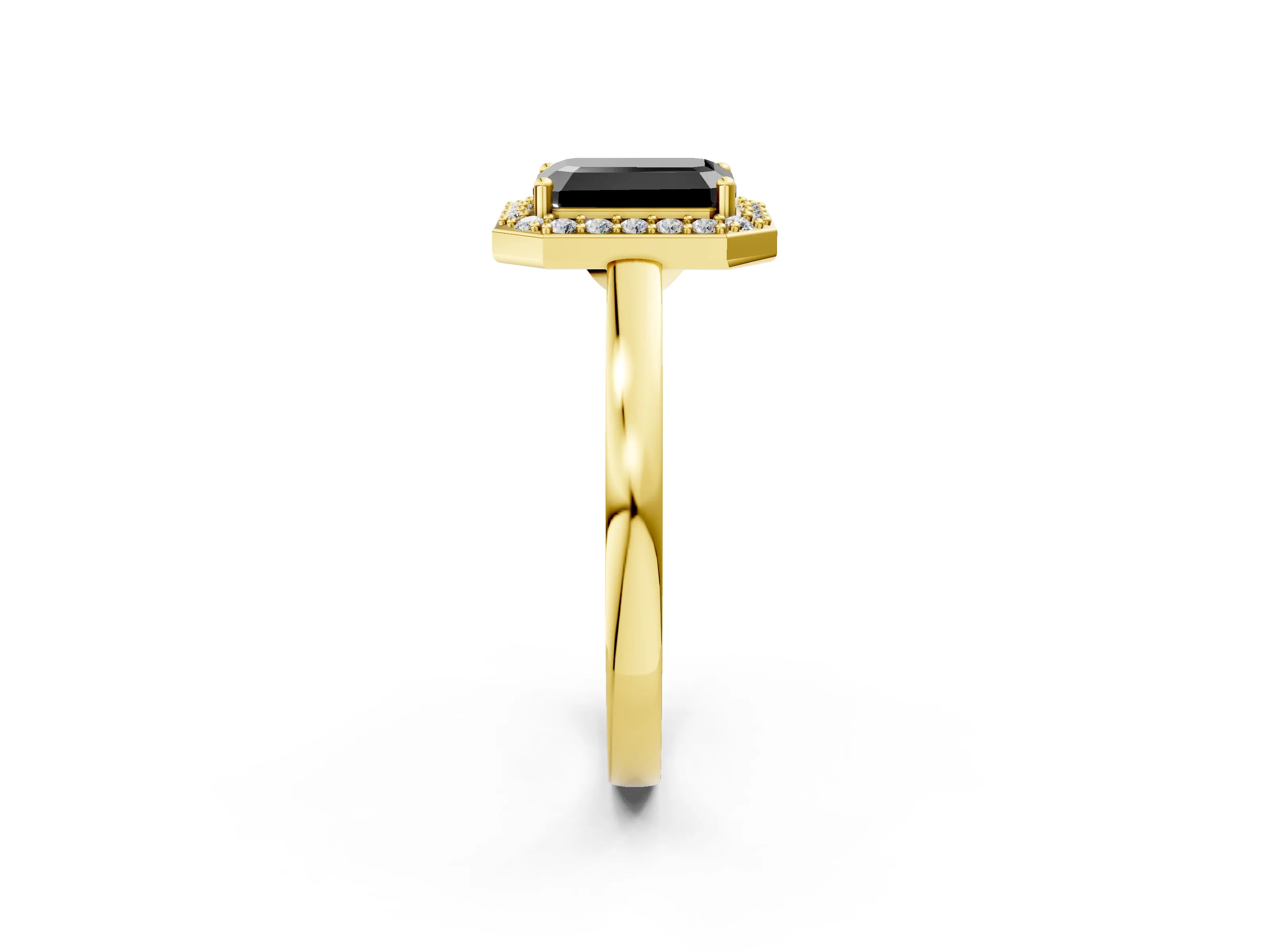 Yellow gold Fancy Black Emerald Cut Halo Diamond Ring with Solitaire Band and Prong Setting_2