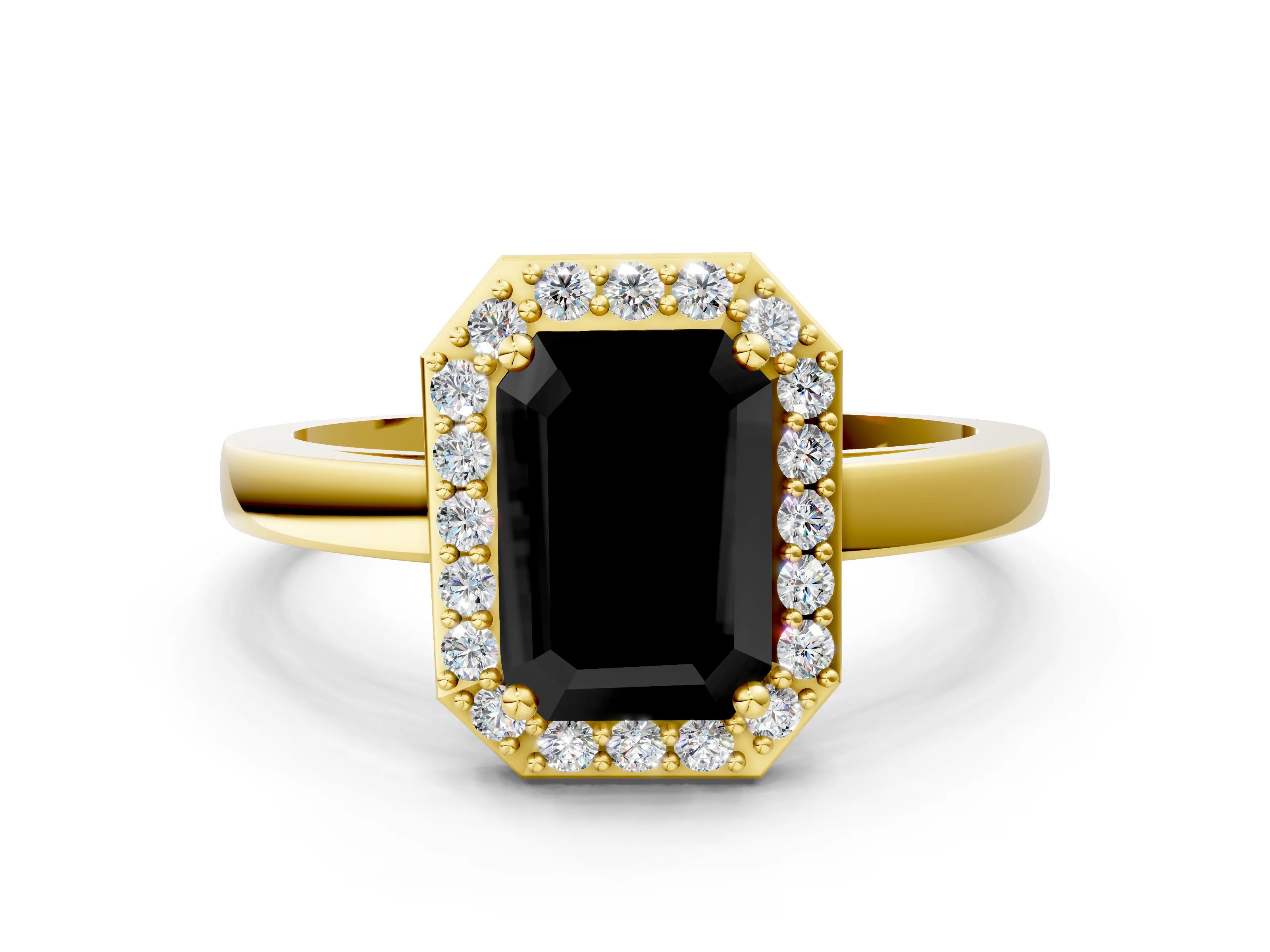 Yellow gold Fancy Black Emerald Cut Halo Diamond Ring with Solitaire Band and Prong Setting_24