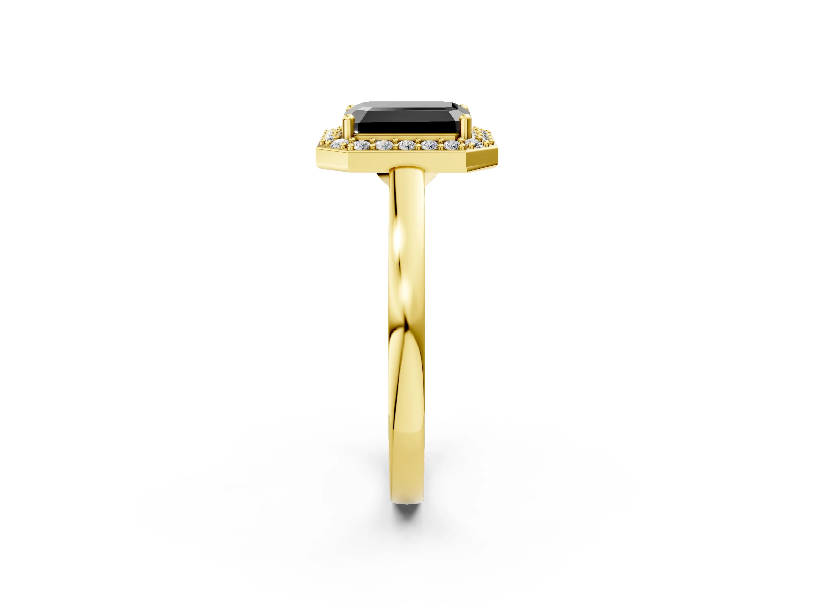 Yellow gold Fancy Black Emerald Cut Halo Diamond Ring with Solitaire Band and Prong Setting_26