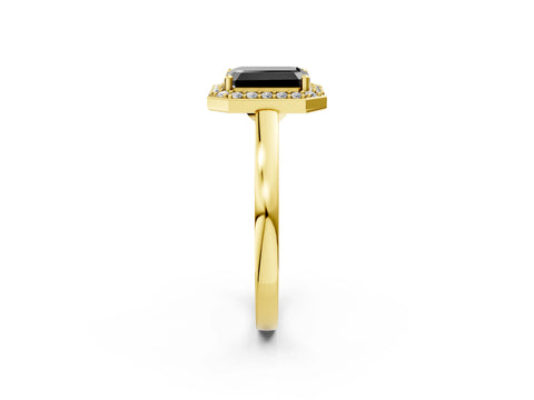 Yellow gold Fancy Black Emerald Cut Halo Diamond Ring with Solitaire Band and Prong Setting_26