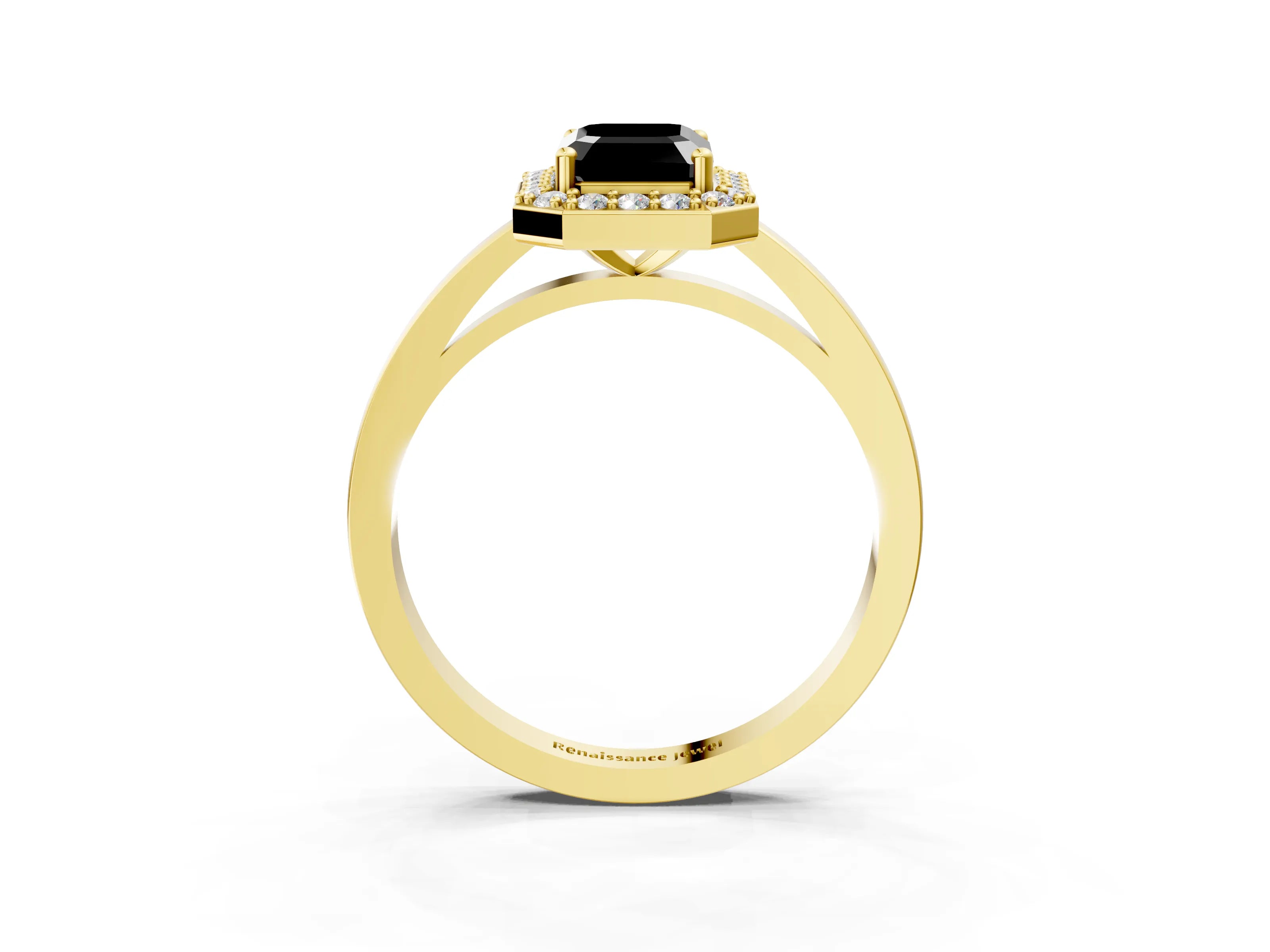Yellow gold Fancy Black Emerald Cut Halo Diamond Ring with Solitaire Band and Prong Setting_27