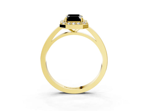 Yellow gold Fancy Black Emerald Cut Halo Diamond Ring with Solitaire Band and Prong Setting_27