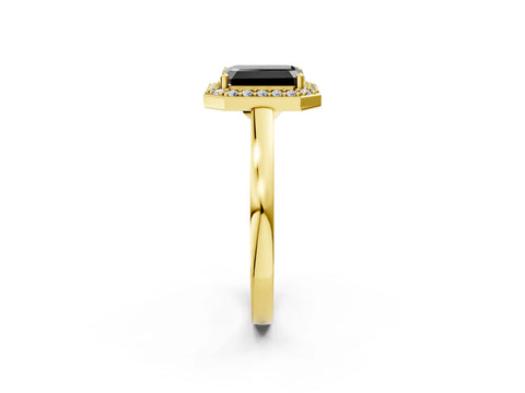Yellow gold Fancy Black Emerald Cut Halo Diamond Ring with Solitaire Band and Prong Setting_2