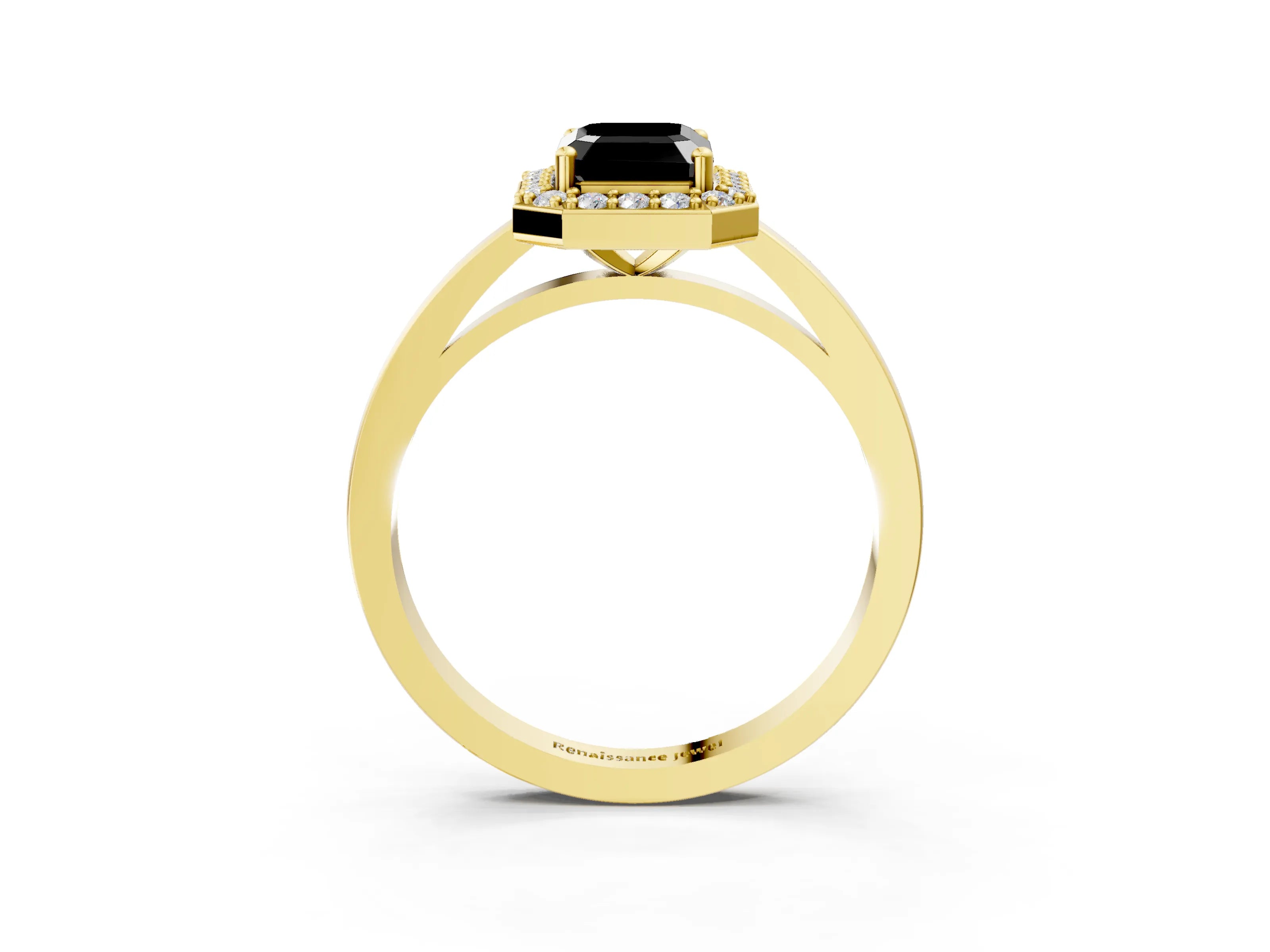 Yellow gold Fancy Black Emerald Cut Halo Diamond Ring with Solitaire Band and Prong Setting_3