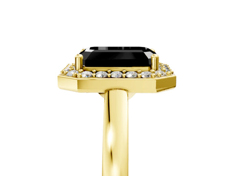 Yellow gold Fancy Black Emerald Cut Halo Diamond Ring with Solitaire Band and Prong Setting_5