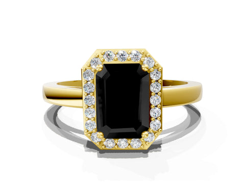 Yellow gold Fancy Black Emerald Cut Halo Diamond Ring with Solitaire Band and Prong Setting