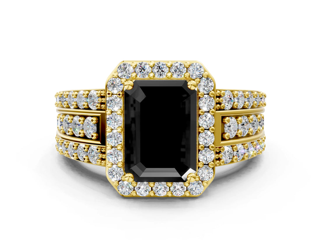 Yellow gold Fancy Black Emerald Cut Halo Diamond Ring with Split Shank and Four-Prong Setting