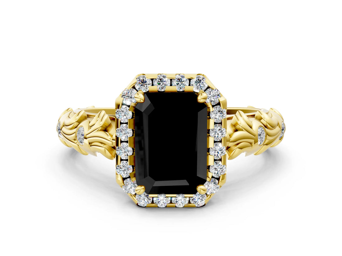 Yellow gold Fancy Black Emerald Cut Halo Diamond Solitaire with Filigree Band and Four-Prong Setting