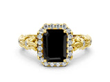 Yellow gold Fancy Black Emerald Cut Halo Diamond Solitaire with Filigree Band and Four-Prong Setting