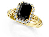 Yellow gold Fancy Black Emerald Cut Halo Diamond Solitaire with Filigree Band and Four-Prong Setting_1