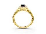 Yellow gold Fancy Black Emerald Cut Halo Diamond Solitaire with Filigree Band and Four-Prong Setting_3