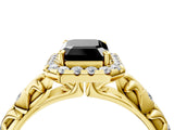 Yellow gold Fancy Black Emerald Cut Halo Diamond Solitaire with Filigree Band and Four-Prong Setting_4