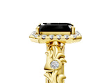Yellow gold Fancy Black Emerald Cut Halo Diamond Solitaire with Filigree Band and Four-Prong Setting_5