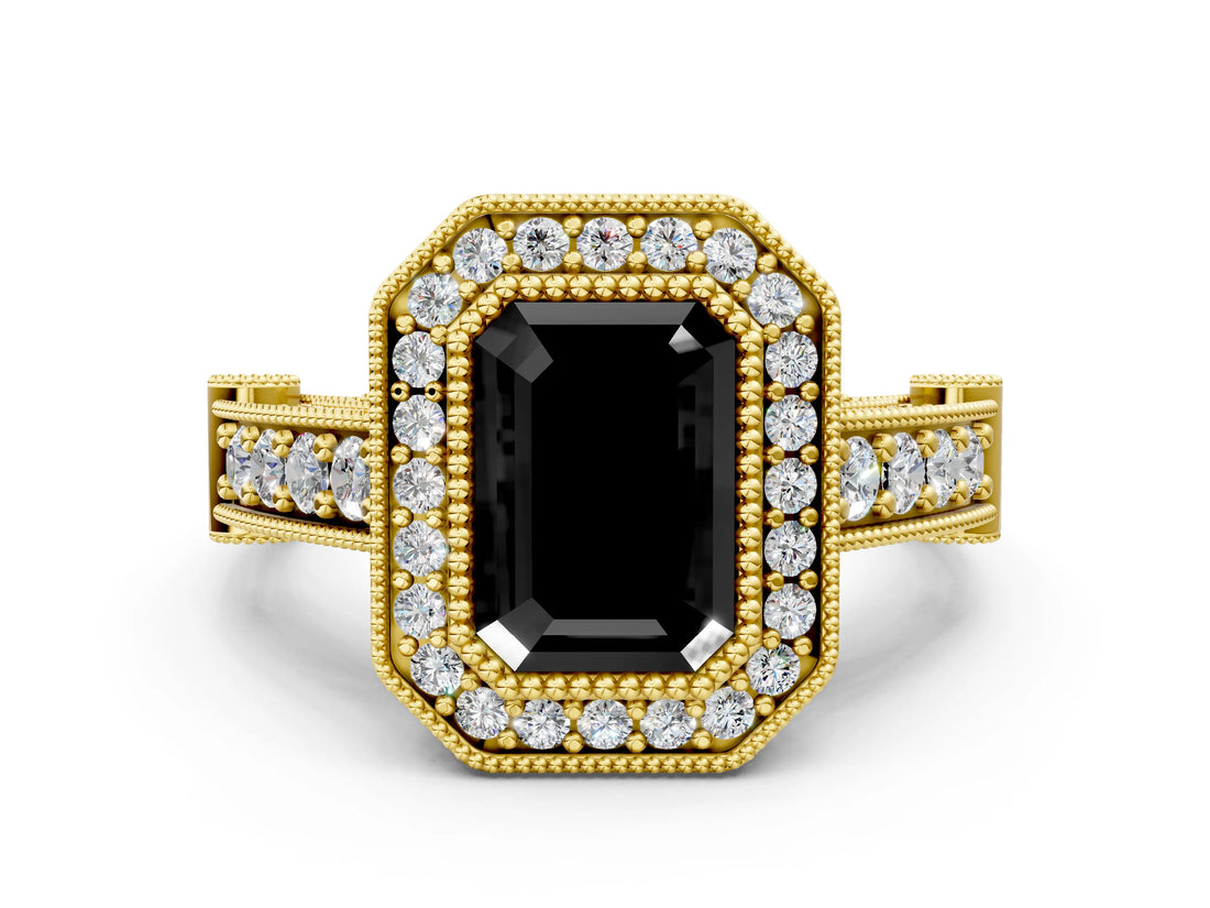 Yellow gold Fancy Black Emerald Cut Halo Diamond Split Shank Pave Ring